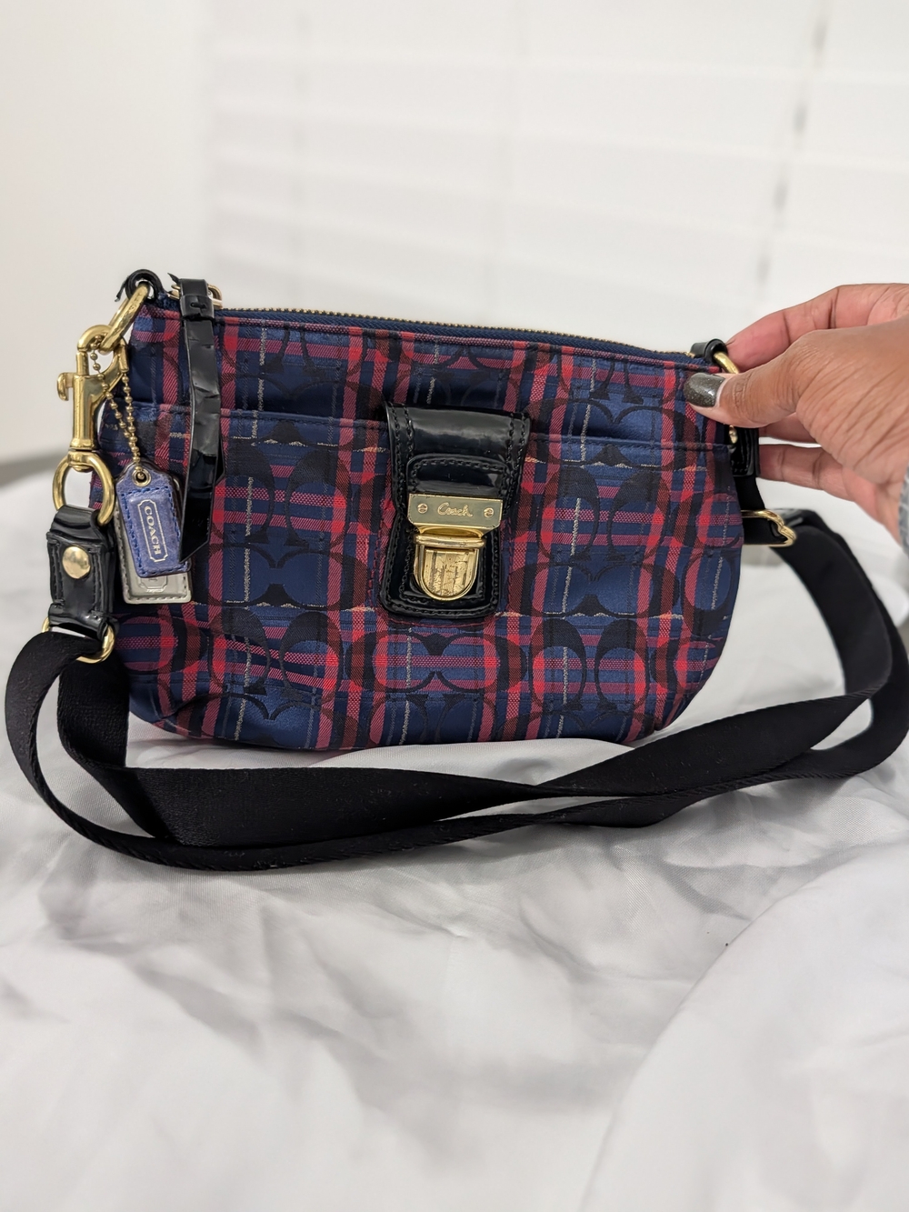 Coach Poppy Tartan Plaid Crossbody Bag Signature Blue Red Push Lock Pocket